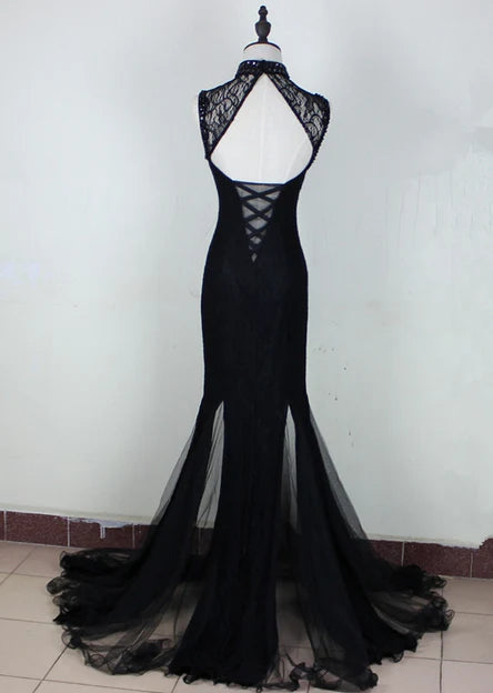 Luolandi Charming Black Mermaid Backless Long Evening Dress High Neckline Prom Dress Formal Dress